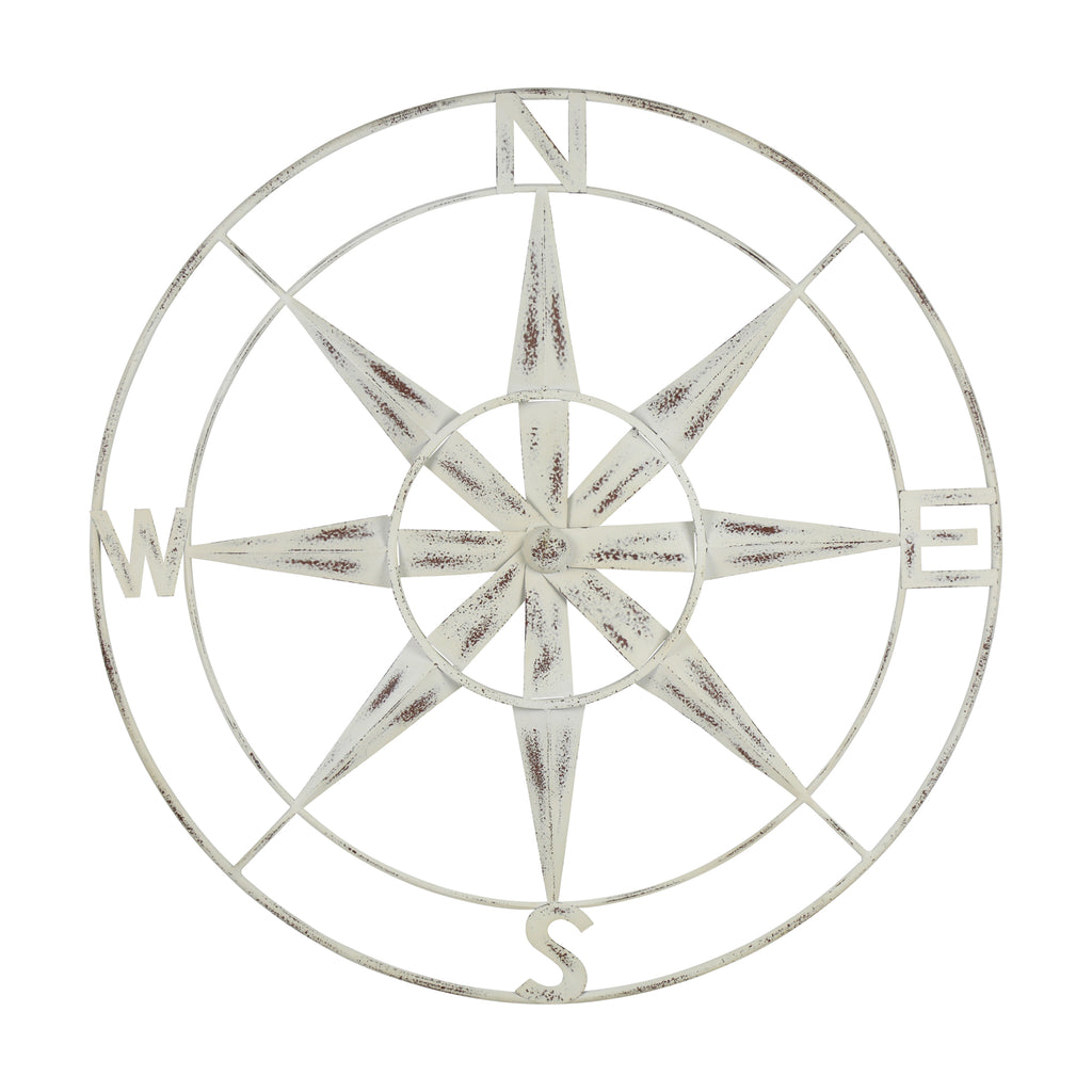 Nautical Compass Metal Wall Decor with Distressed White Finish - 99fab 