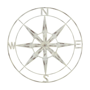 Nautical Compass Metal Wall Decor with Distressed White Finish