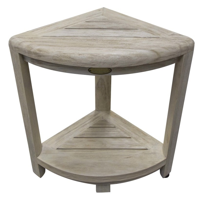 Compact Teak Corner Shower Stool with Shelf in Whitewash Driftwood - 99fab 