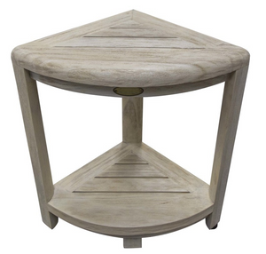 Compact Teak Corner Shower Stool with Shelf in Whitewash Driftwood