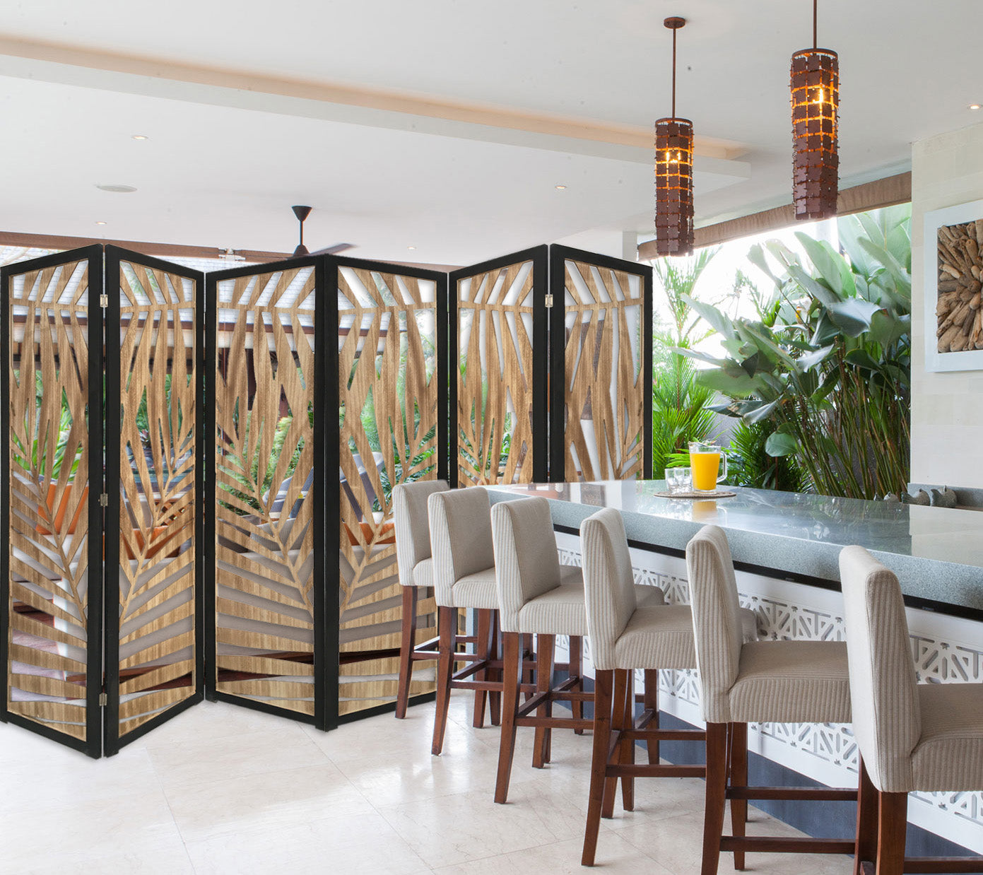 3 Panel Room Divider With Tropical Leaf Design