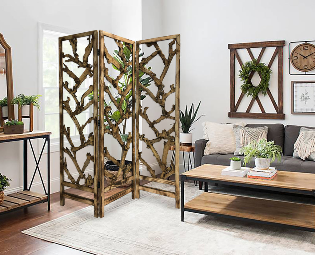 Rustic Earthy Wood Root Three Panel Room Divider Screen - 99fab 