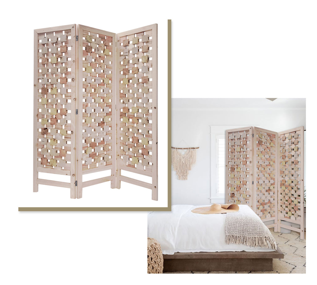 3 Panel Pink Room Divider With Cut Square Wood Design - 99fab 