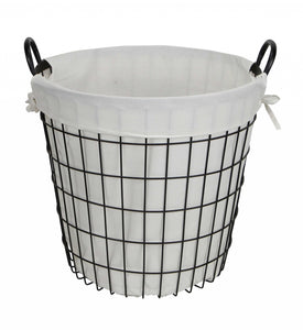 White Fabric Lined Metal Laundry Type Basket With Handle