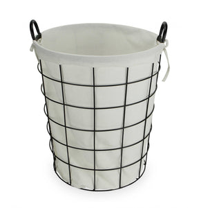 Large White Fabric Lined Metal Laundry Type Basket With Handle