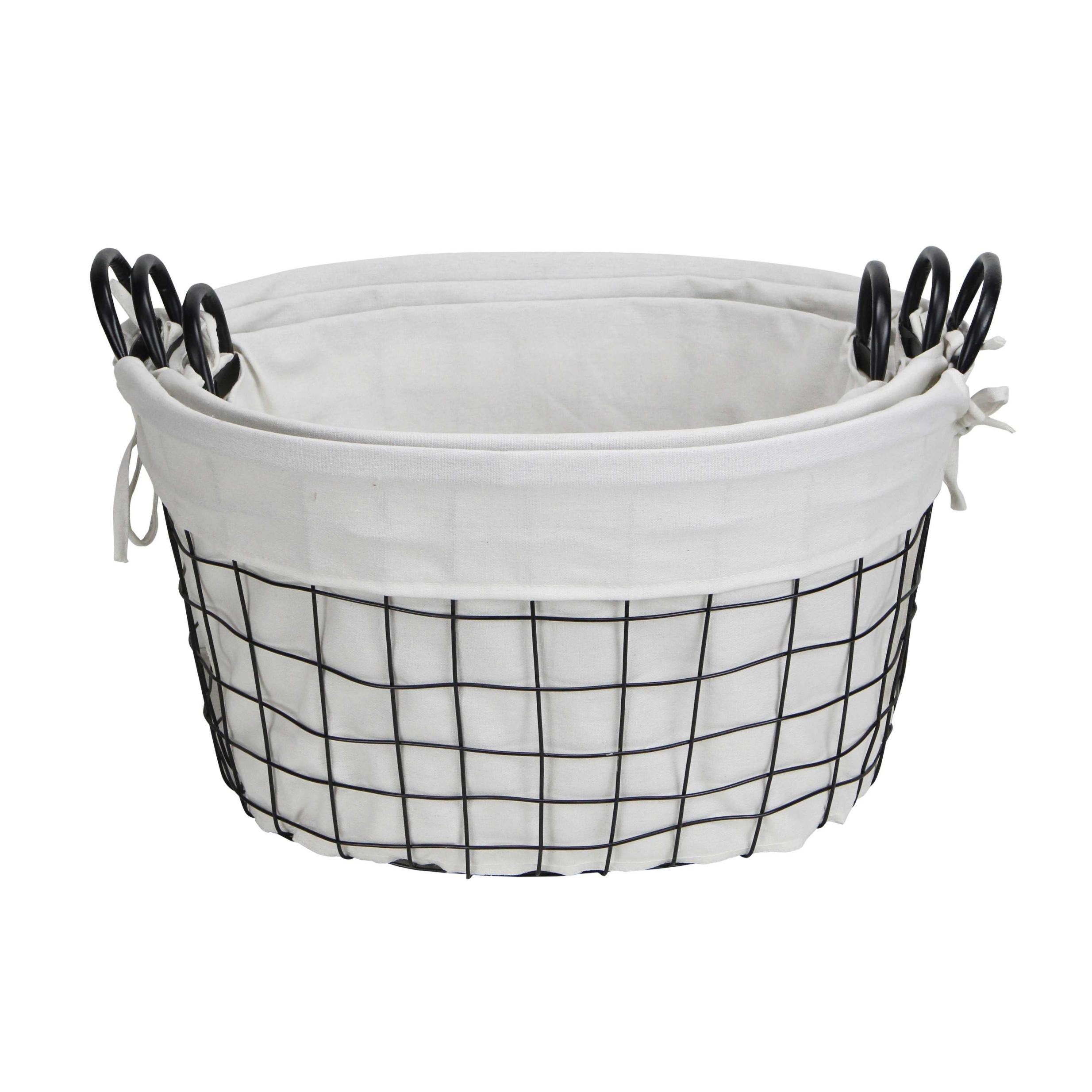 Set Of 3 Oval White Lined And Metal Wire Baskets With Handles