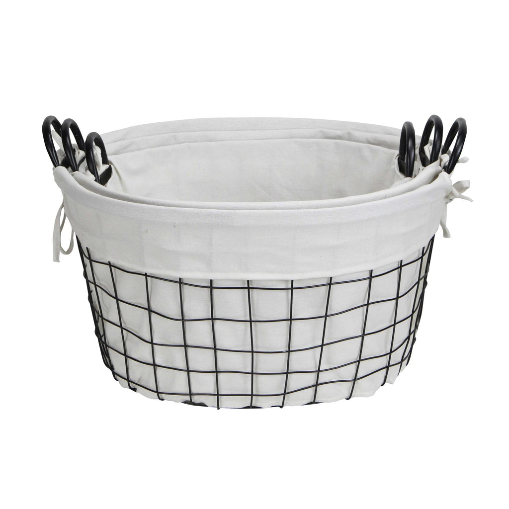 Set Of 3 Oval White Lined And Metal Wire Baskets With Handles - 99fab 