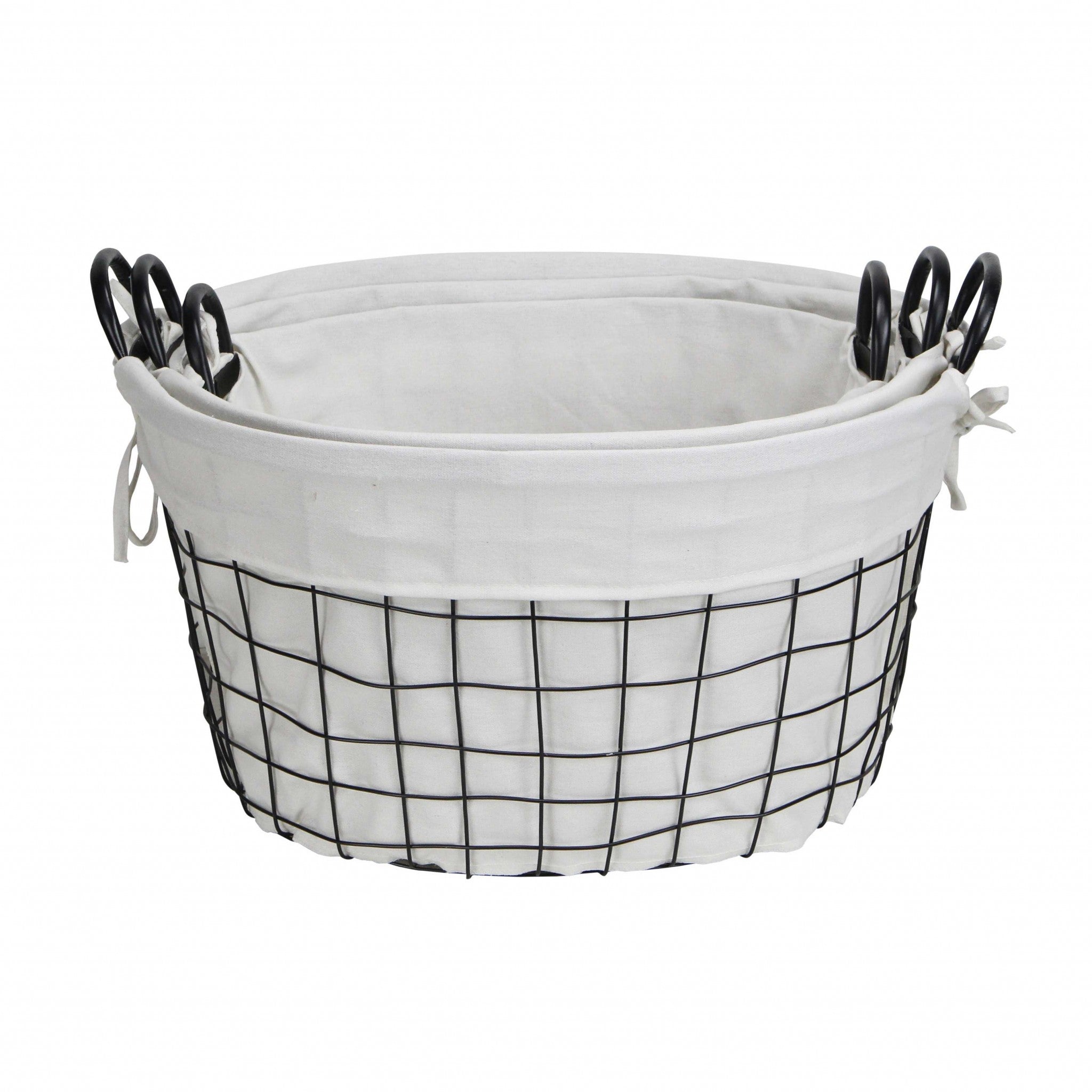 Set Of 3 Oval White Lined And Metal Wire Baskets With Handles