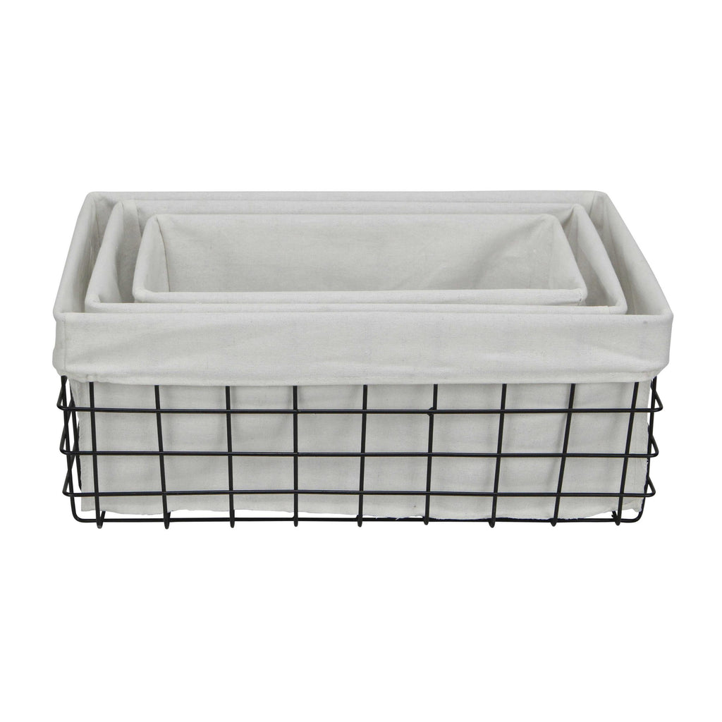 Set Of 3 Rectangular White Lined And Metal Wire Baskets - 99fab 