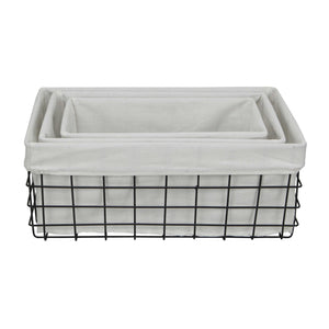 Set Of 3 Rectangular White Lined And Metal Wire Baskets