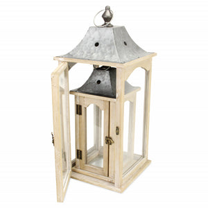 Set Of 2 Brown Wood Finished Frame Glass And Metal Top Lanterns