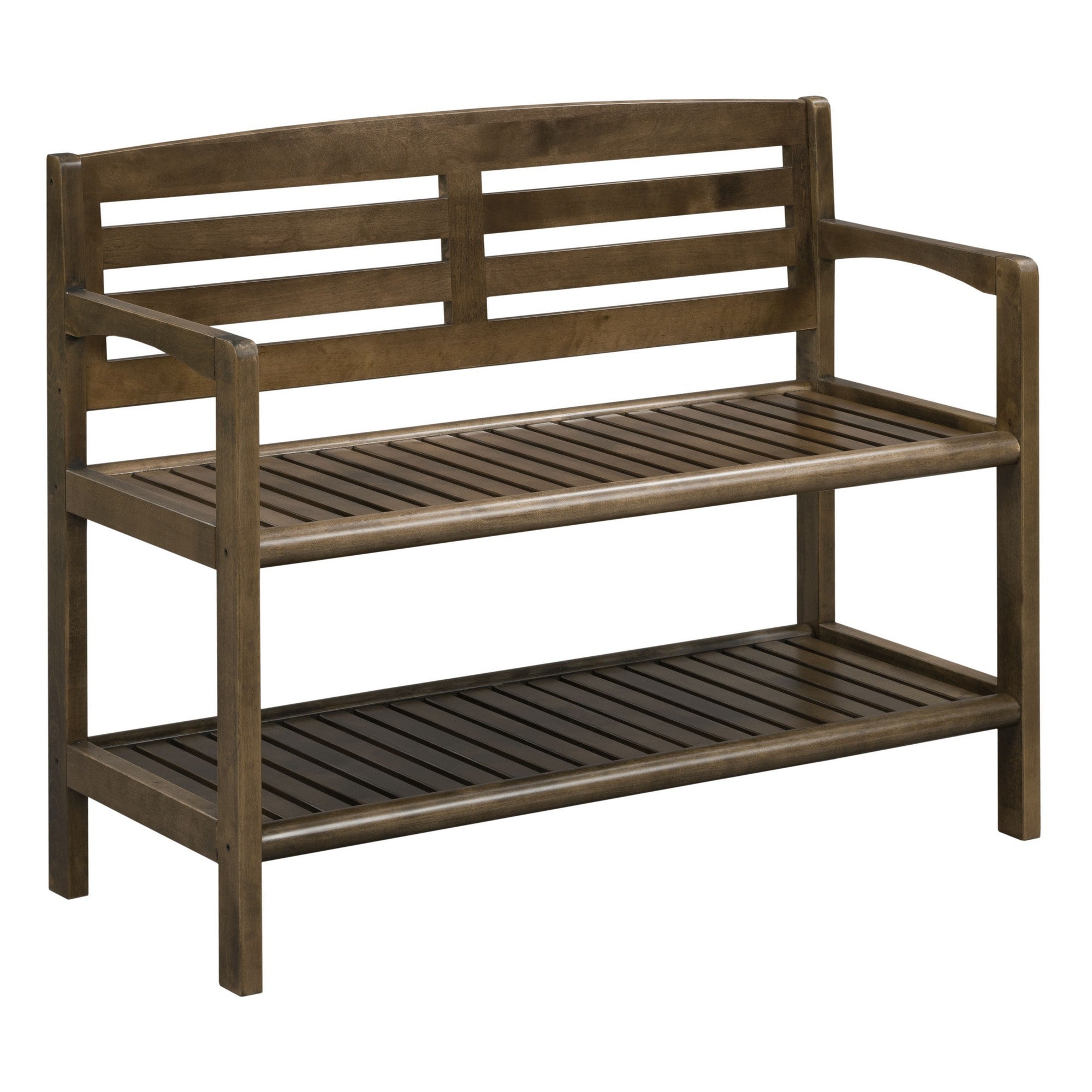 Chestnut Finish Solid Wood Slat Bench With High Back And Shelf