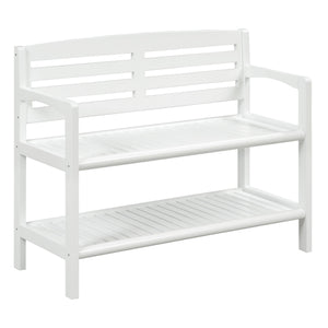 White Finish Solid Wood Slat Bench With High Back And Shelf