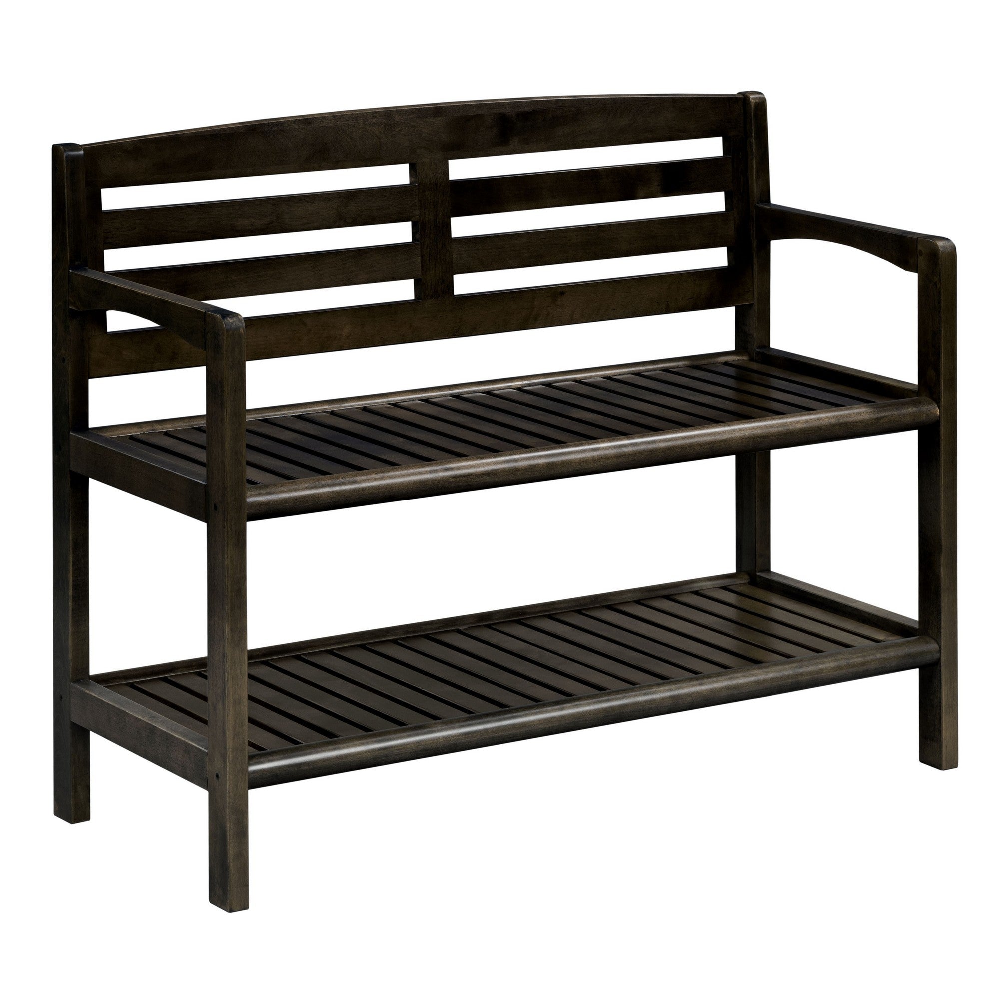 Espresso Finish Solid Wood Slat Bench With High Back And Shelf