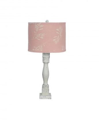 Distressed White Table Lamp With Olive Branch Pink Shade - 99fab 