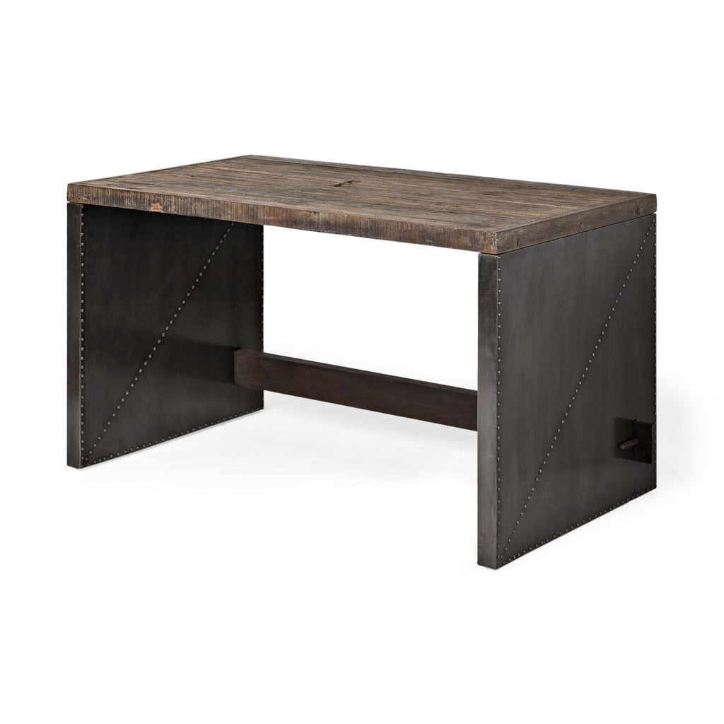 Dark Brown Solid Reclaimed Wood Office Desk With Metal Cladded Frame - 99fab 