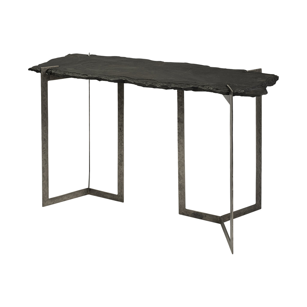 Rectangular Black Live Edge Slate Console Table With Double Pedestal Base - 99fab 