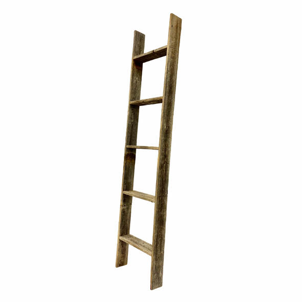 5 Step Rustic Weathered Grey Wood Ladder Shelf