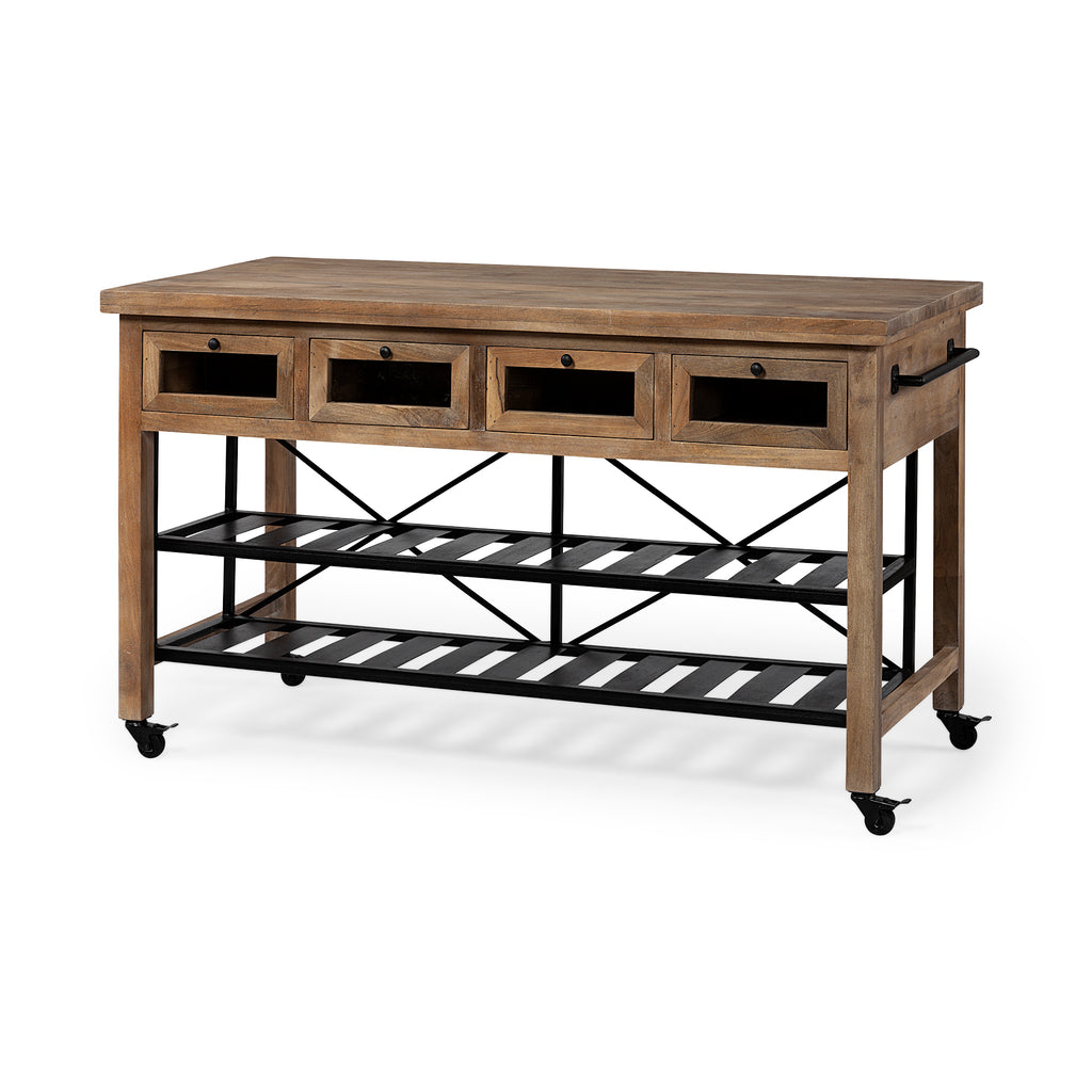 Brown Solid Wood Top Kitchen Island With Two Tier Black Metal Rolling - 99fab 