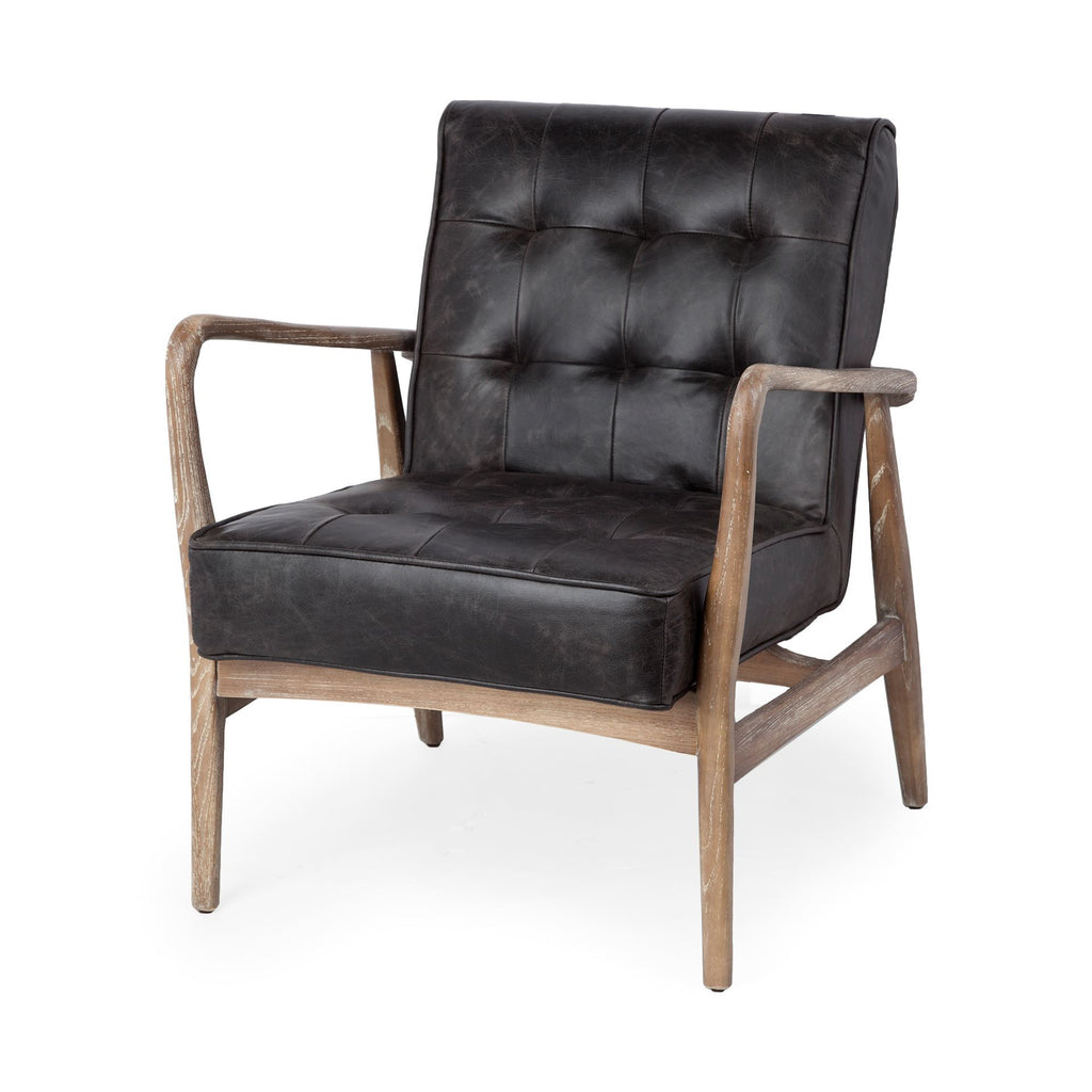 Black Leather Accent Chair With Wrapped Ash Wood Frame - 99fab 