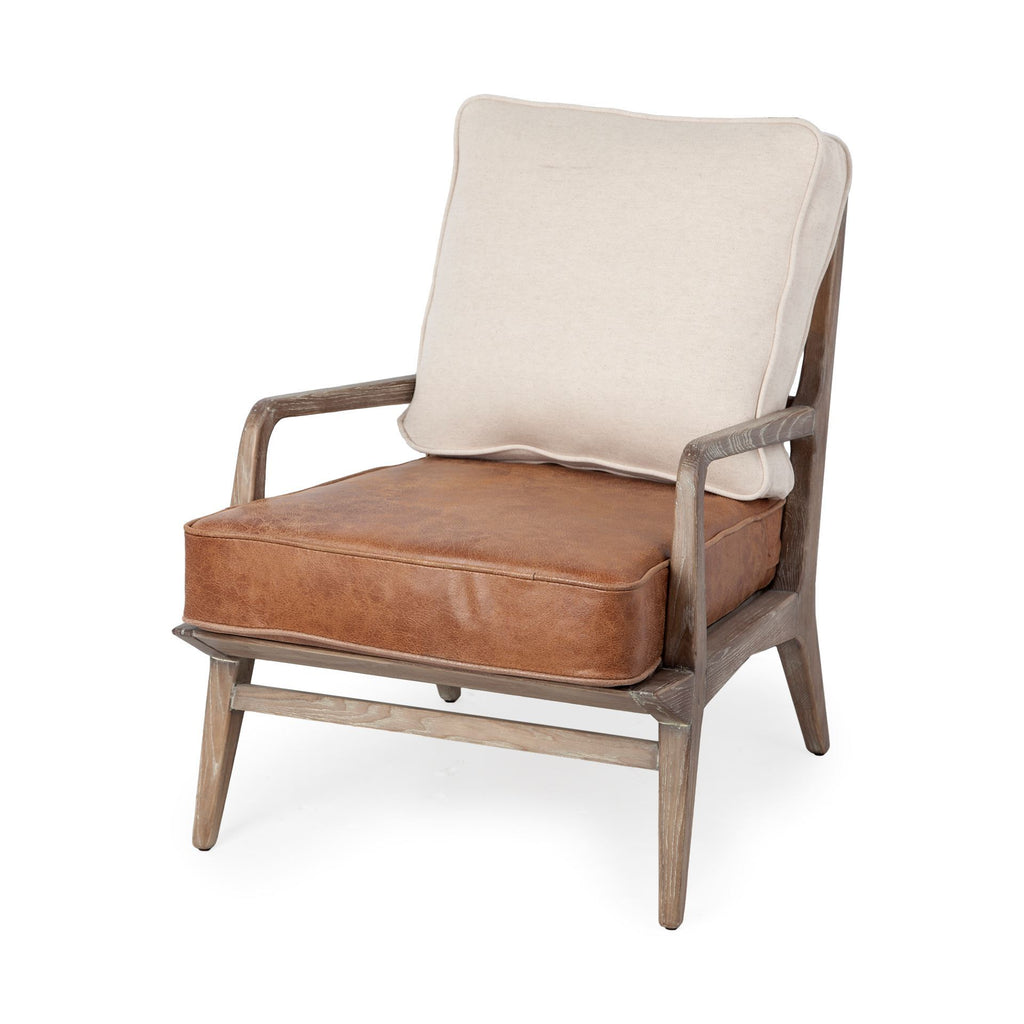 Brown Leather Seat Accent Chair With Off White Fabric - 99fab 