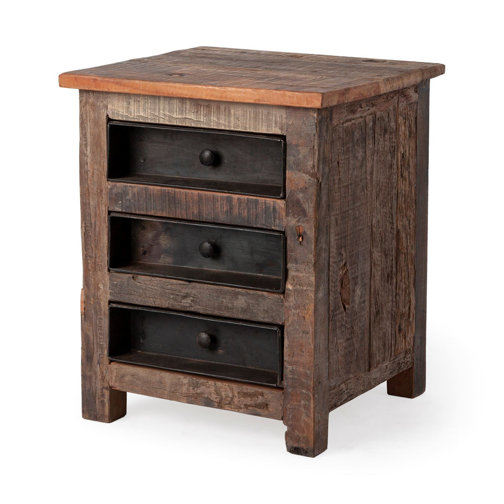 Medium Brown Wood Square Top End Table With Rustic Metal Drawers - 99fab 