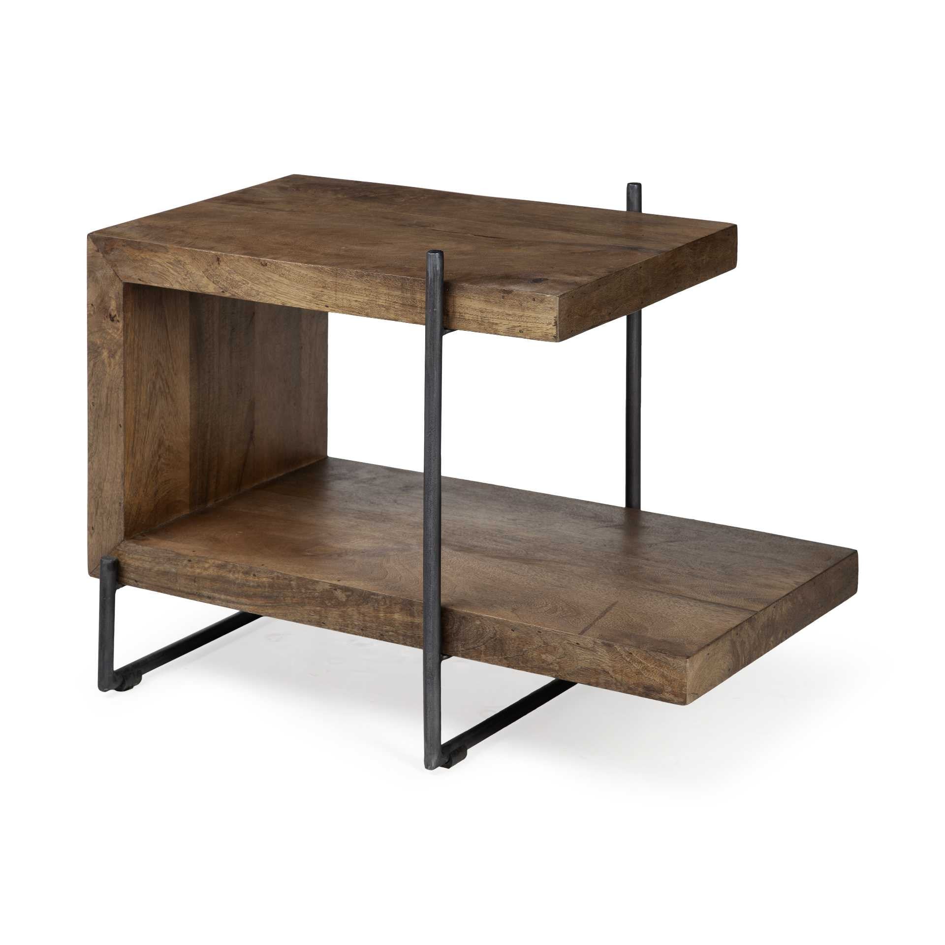 Medium Brown Wood U Shaped Side Table with Extended Storage Shelf