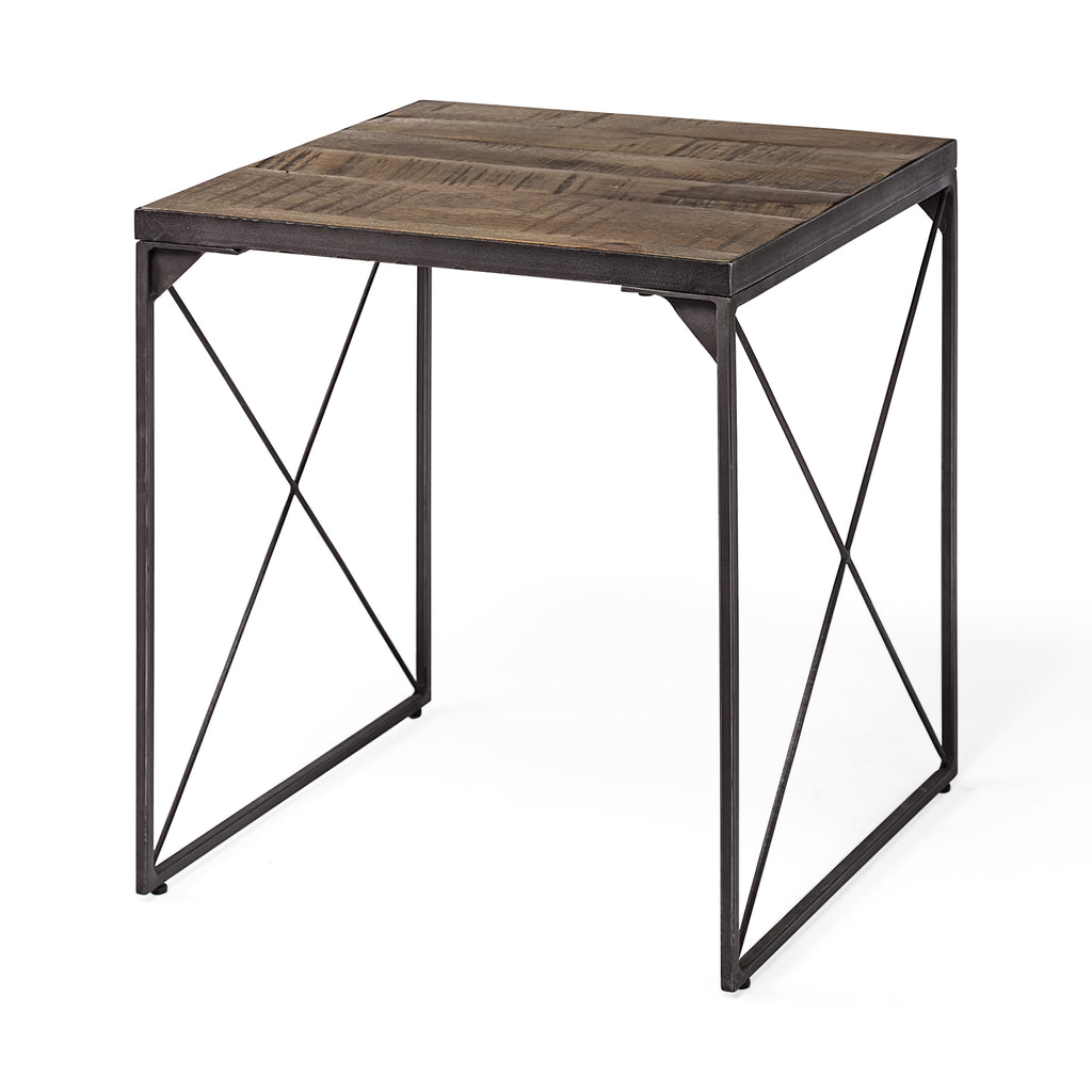 Medium Brown Wood Side Table With Square Top And Iron Cross Braced - 99fab 