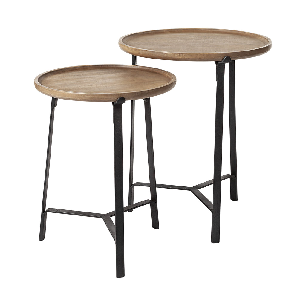 Set Of 2 Round Brown Solid Wood Iron Base Nesting Side Tables - 99fab 