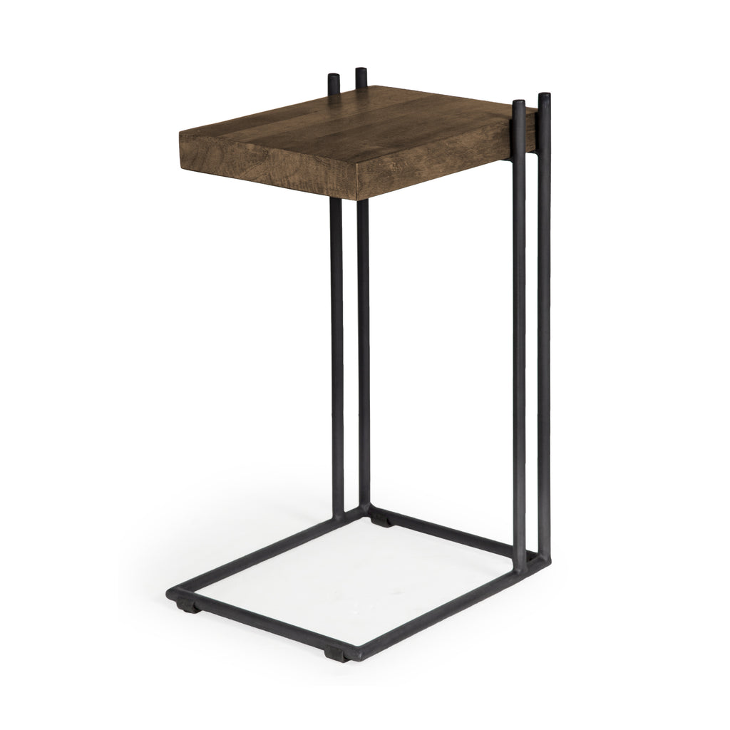 L-Shaped Medium Brown Wood Side Table with Black Metal Frame - 99fab 