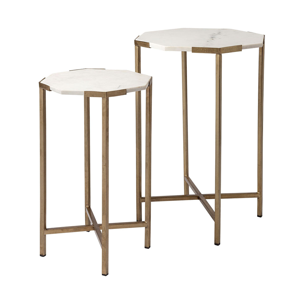 Set Of 2 White Marble And Iron Hexagonal Top Side Tables - 99fab 