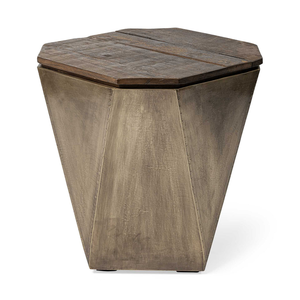 Brass And Natural Wood Side Table With Hexagonal Hinged-Top - 99fab 