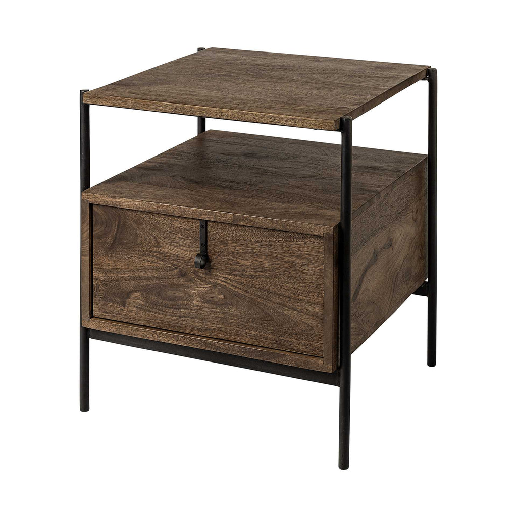 Square Top End Table With Dark Brown Wood And Iron Black Frame - 99fab 