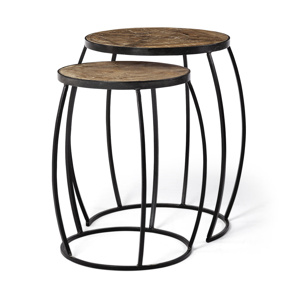 Set Of 2 Brown Wooden Round Top Accent Tables With Black Metal Frame Nesting - 99fab 