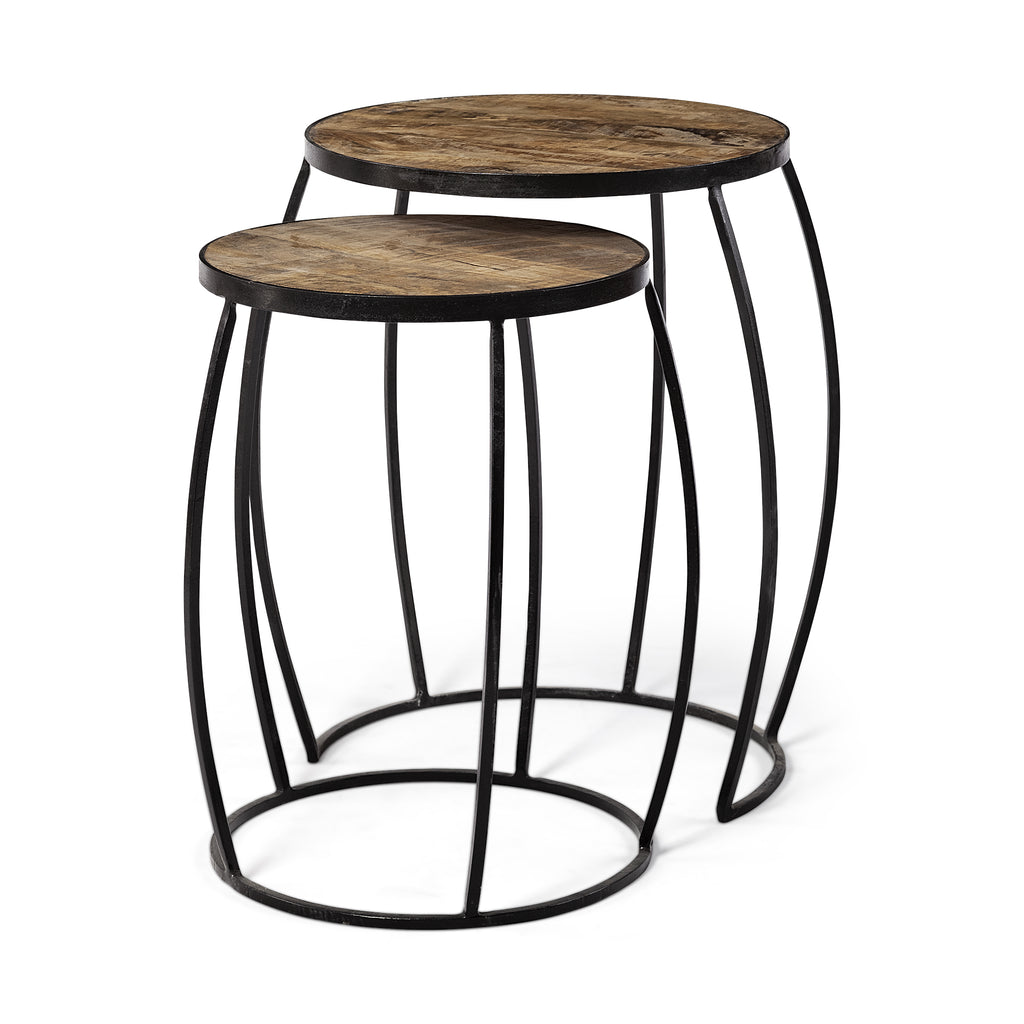 Set Of 2 Medium Brown Wooden Round Top Accent Tables With Black Metal Frame Nesting Tables - 99fab 