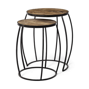 Set Of 2 Medium Brown Wooden Round Top Accent Tables With Black Metal Frame Nesting Tables