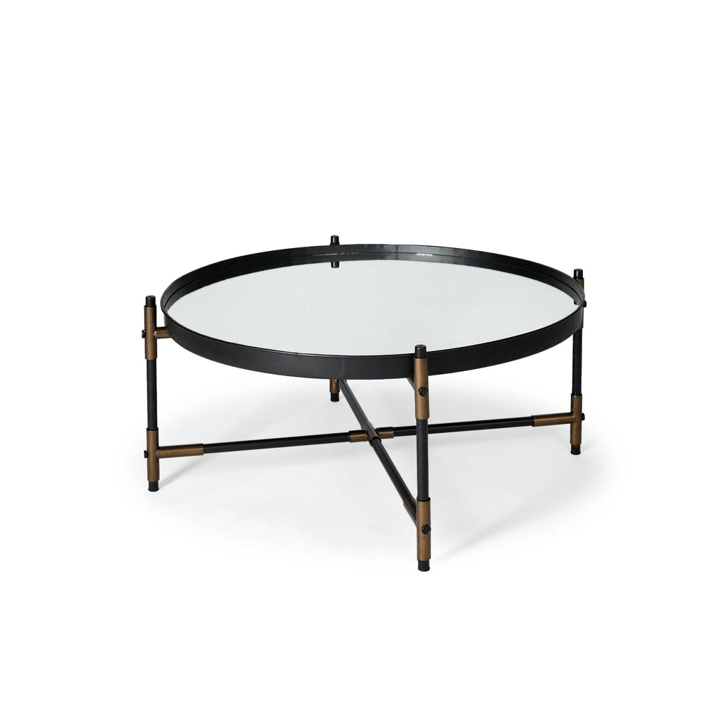 Round Mirrored Top Accent Table With Black And Brass Metal Base - 99fab 