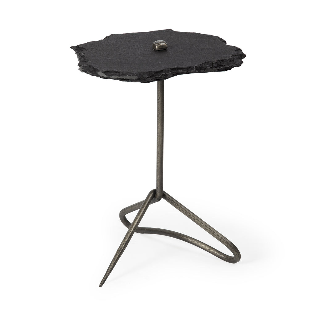 Black Slate-Top Accent Table With Triangular Iron Base - 99fab 