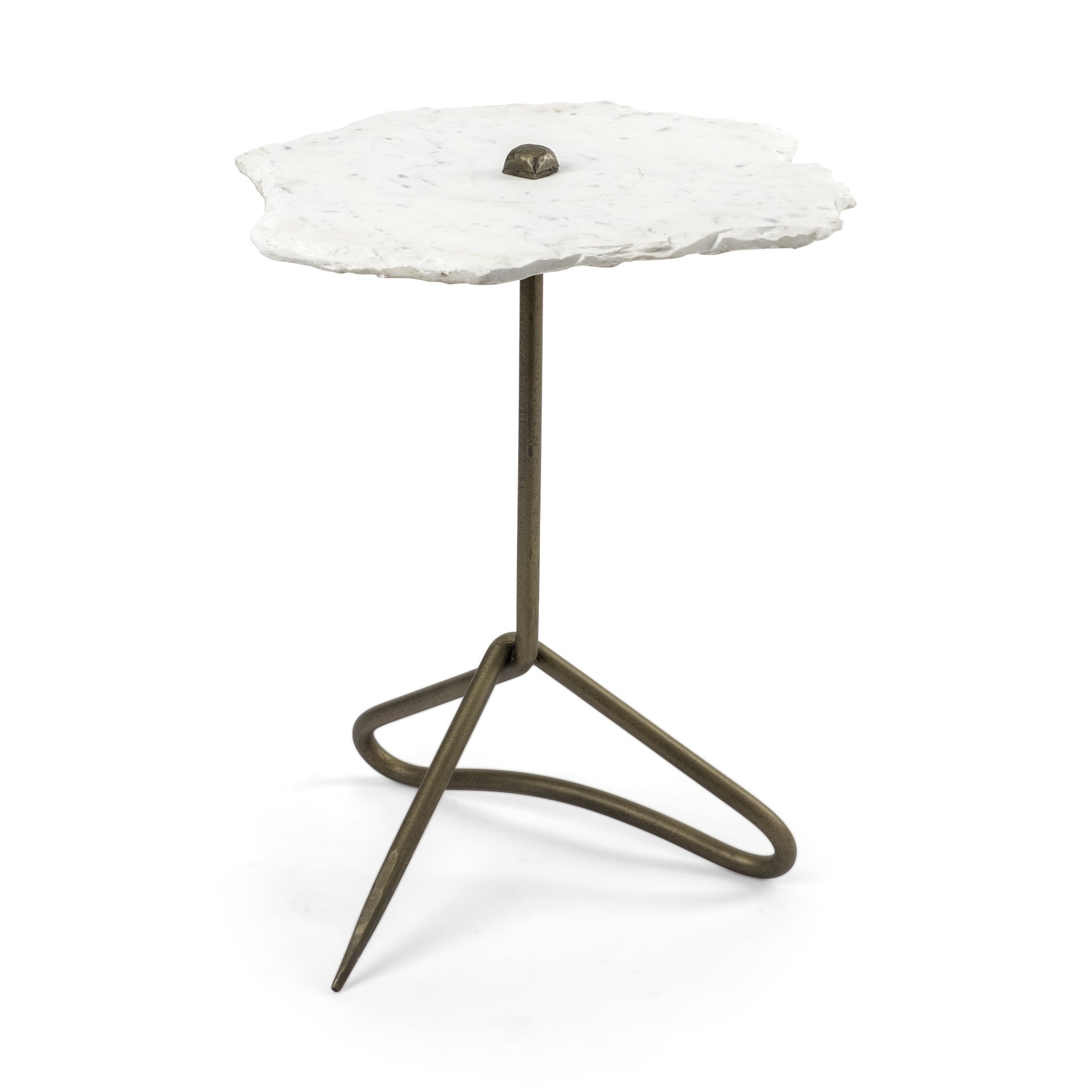 White Marble Top Accent Table With Triangluar Gold Iron Base