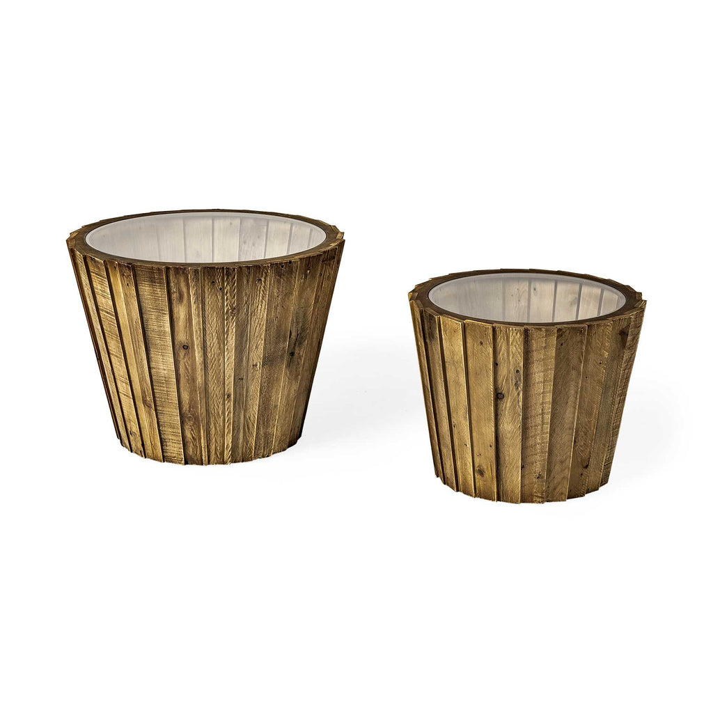 Set Of 2 Light Brown Wood Accent Tables With Glass Round Top - 99fab 