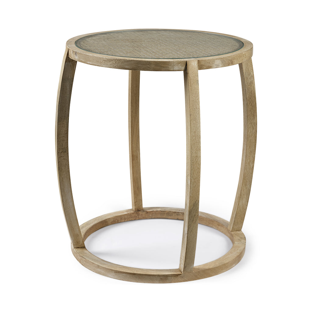 Light Brown Wood Round Top Accent Table With Glass - 99fab 