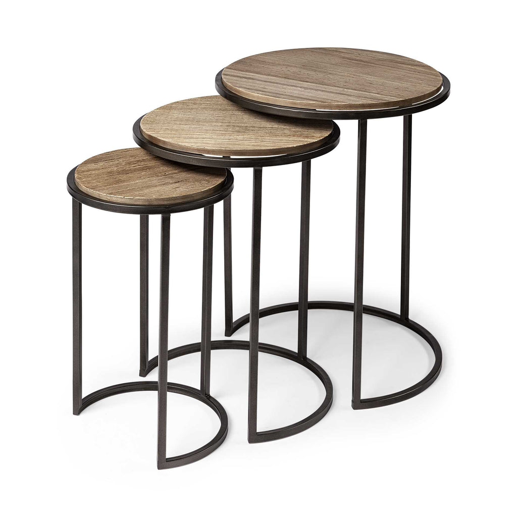 Set Of 3 Brown Wood Round Top Accent Tables With Iron Nesting - 99fab 