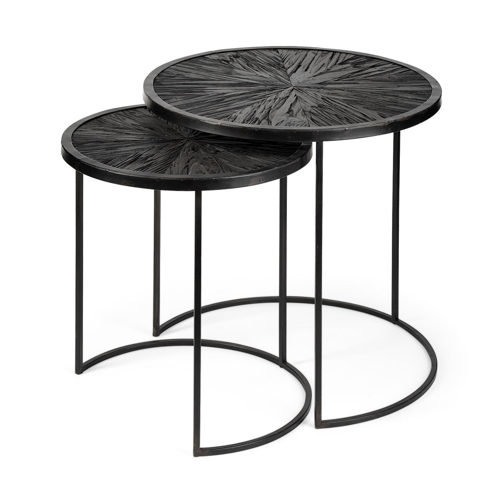 Set Of 2 Dark Wood Round Top Accent Tables With Black Iron Frame - 99fab 