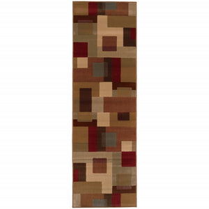 3'X8' Red And Tan Geometric Runner Rug