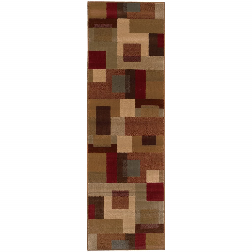 3'X8' Red And Tan Geometric Runner Rug - 99fab 