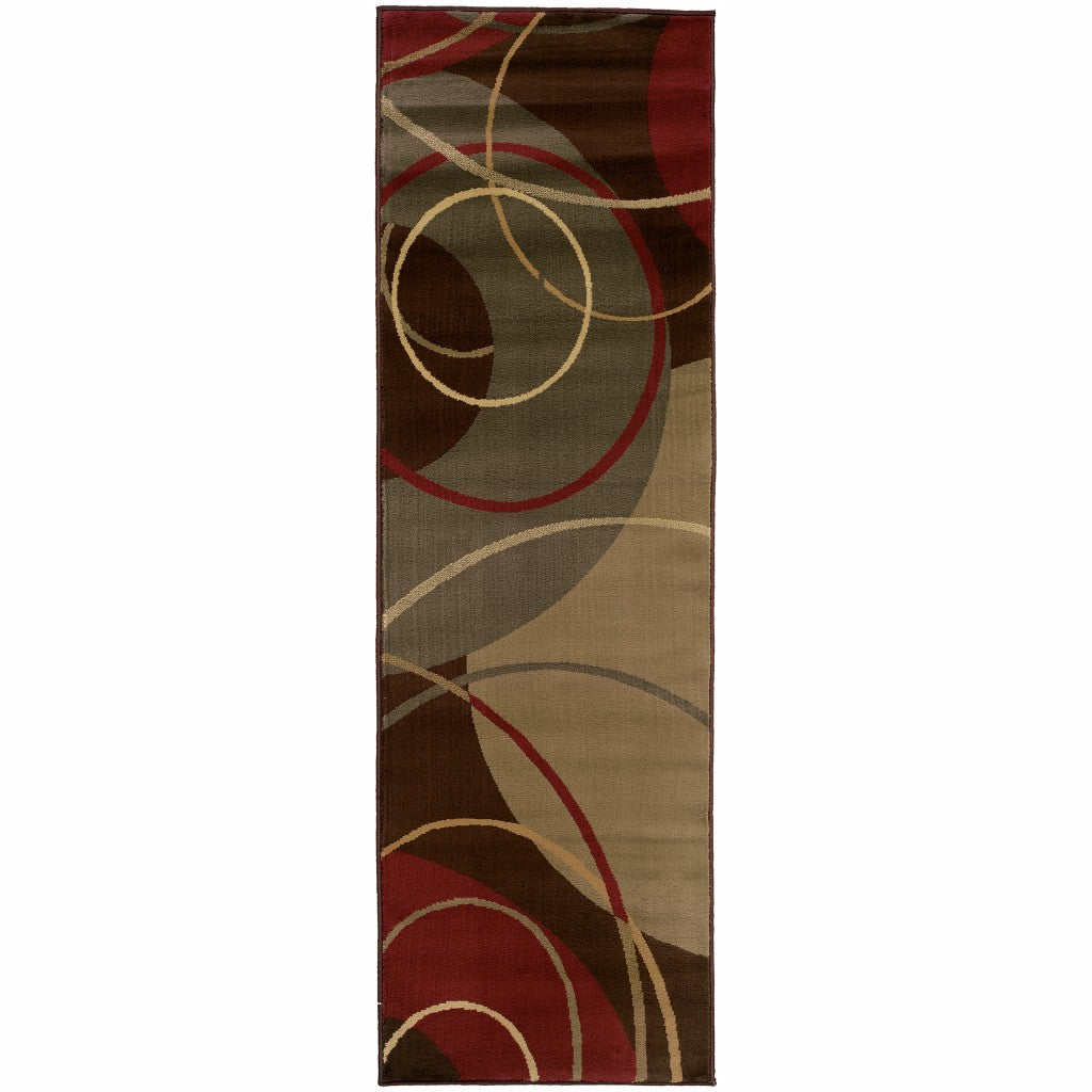 3'X8' Brown And Red Abstract  Runner Area Rug - 99fab 