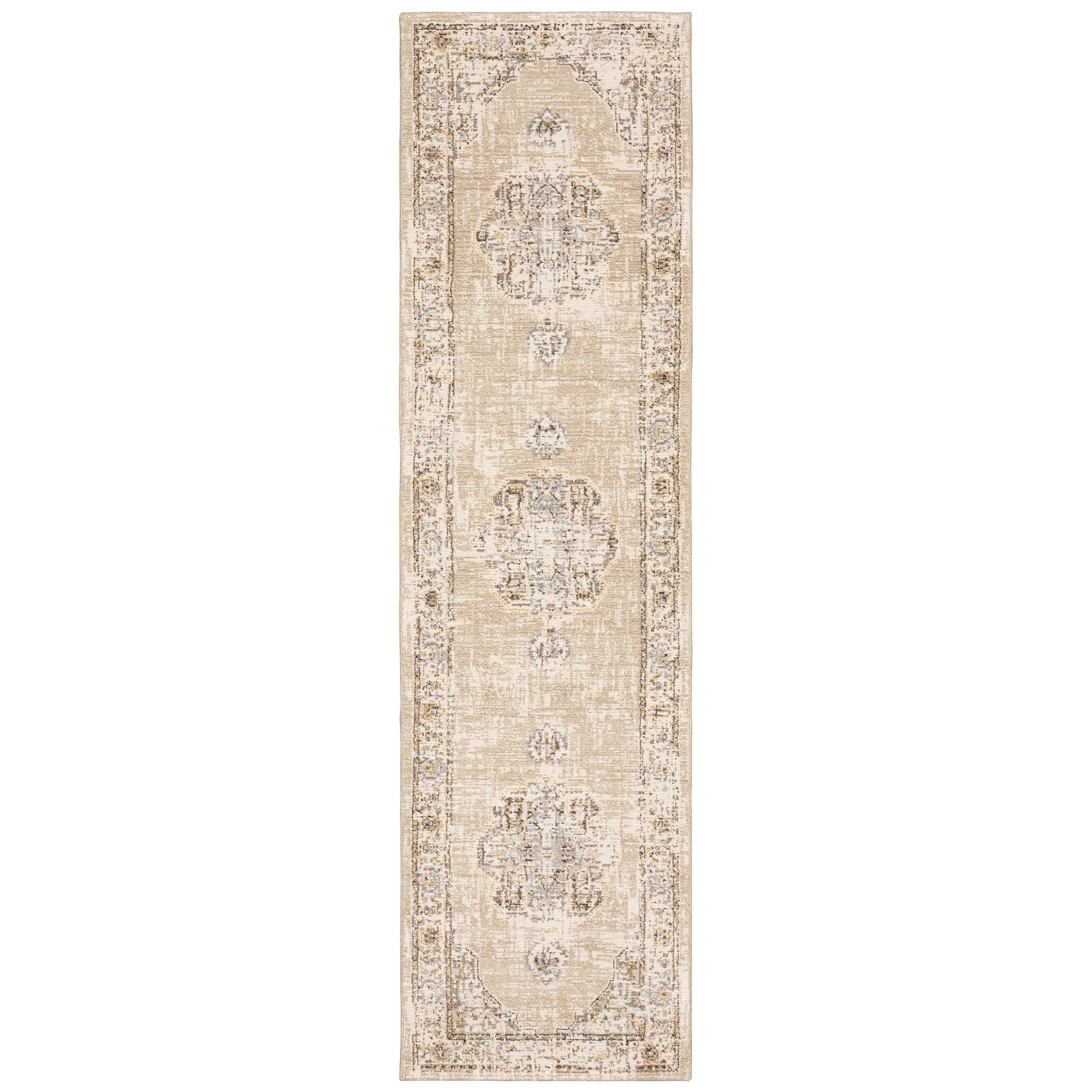 2'X8' Beige And Ivory Center Jewel Runner Rug