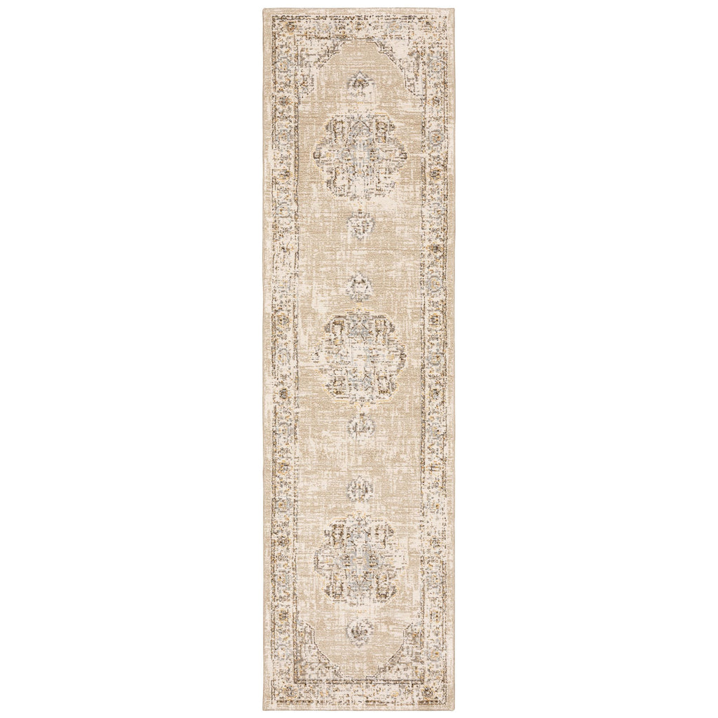 2'X8' Beige And Ivory Center Jewel Runner Rug - 99fab 