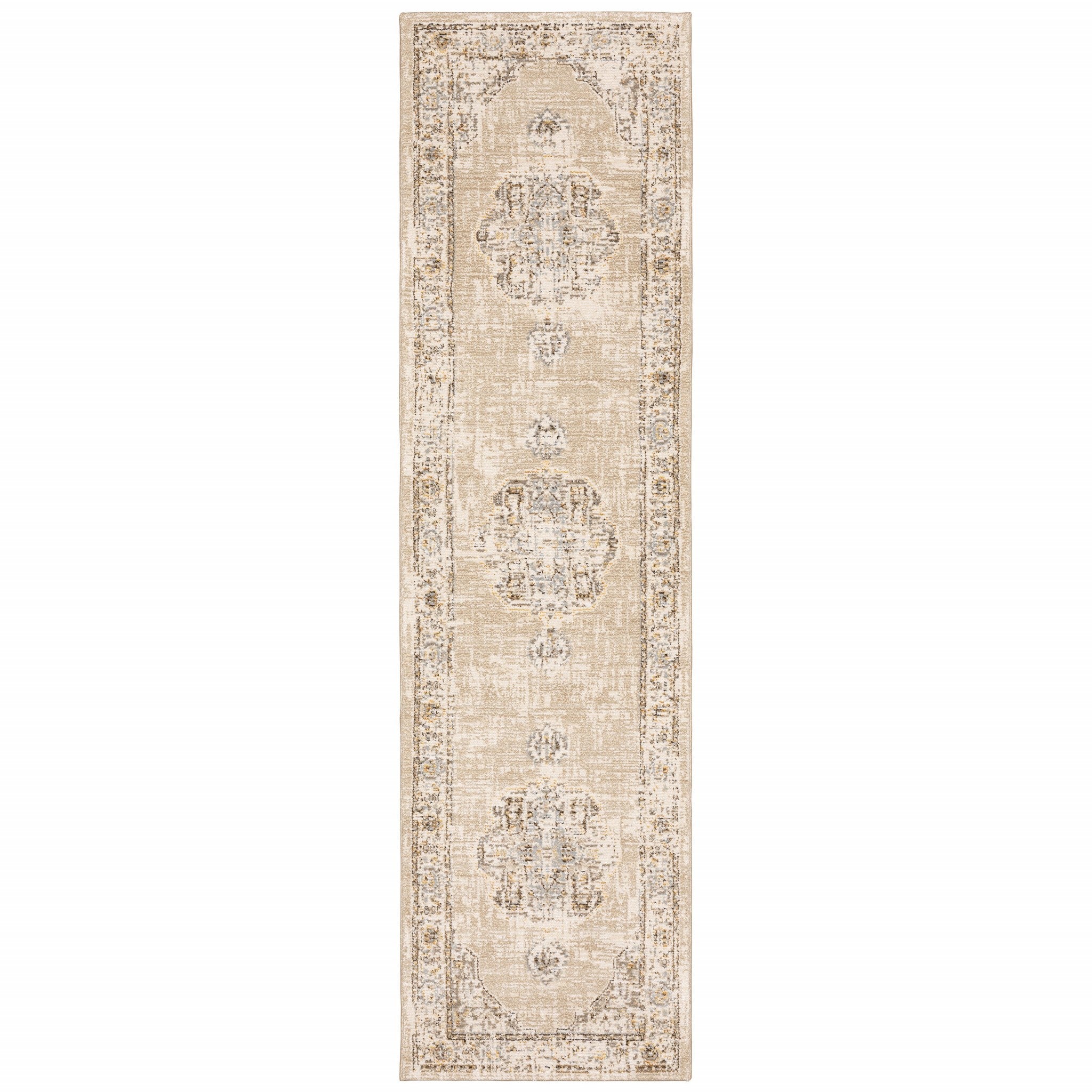 2'X8' Beige And Ivory Center Jewel Runner Rug