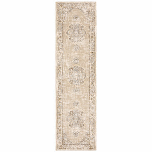 2'X8' Beige And Ivory Center Jewel Runner Rug